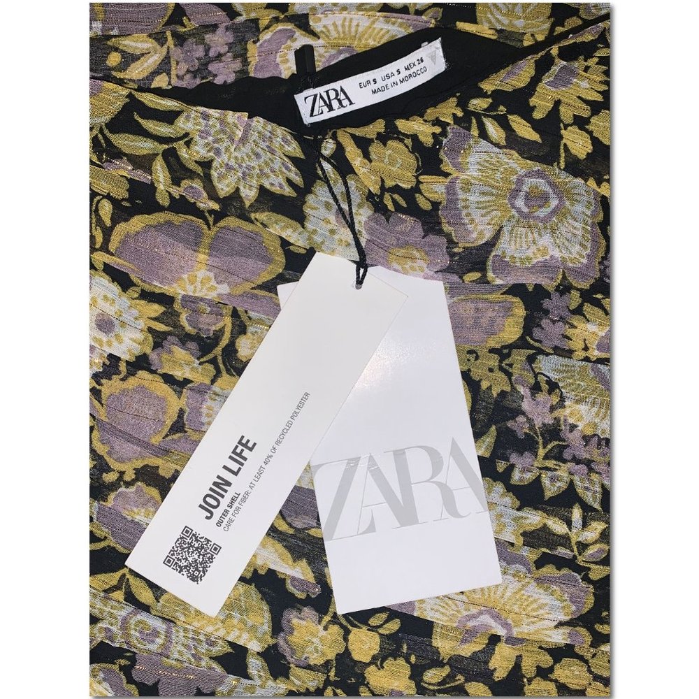 Zara Yellow Metallic Floral One Shoulder Dress Ruched Minidress Size S NWT - Picture 5 of 6